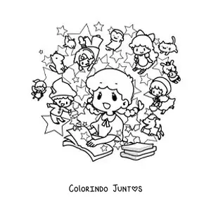 Desenho para colorir de uma menina kawaii lendo um livro com personagens animados que ganham vida
