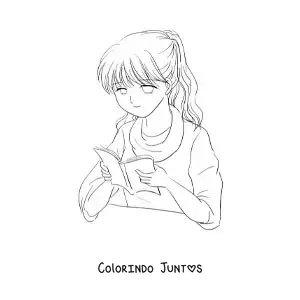 Desenho para colorir de uma garota estilo anime lendo um livro