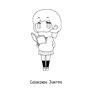 Desenho para colorir de uma garota kawaii estilo chibi lendo um livro