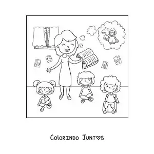 Desenho para colorir de uma professora lendo uma história para seus alunos na sala de aula