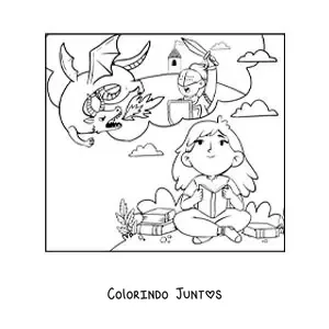 Desenho para colorir de uma menina lendo um conto de fantasia e imaginando os dragões