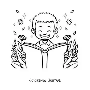Desenho para colorir de um menino alegre lendo cercado de flores
