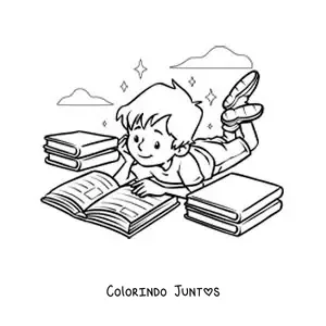Desenho para colorir de um menino deitado lendo um livro