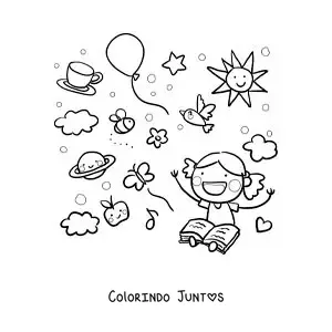 Desenho para colorir de uma menina lendo cercada pelos personagens animados do conto