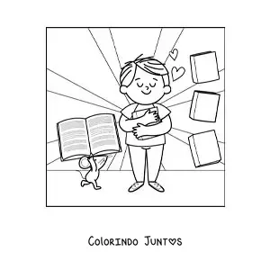 Desenho para colorir de um menino abraçando um livro ao lado de um rato animado que lhe traz mais livros