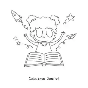 Desenho para colorir de uma menina diante de um livro aberto deixando sua imaginacao voar