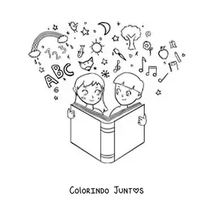 Desenho para colorir de duas criancas lendo um livro para aprender