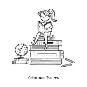 Desenho para colorir de uma menina sentada sobre uma pilha de livros lendo