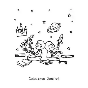 Desenho para colorir de duas criancas sentadas com livros abertos que ganham vida