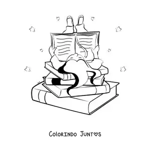 Desenho para colorir de uma menina deitada sobre uma pilha de livros lendo
