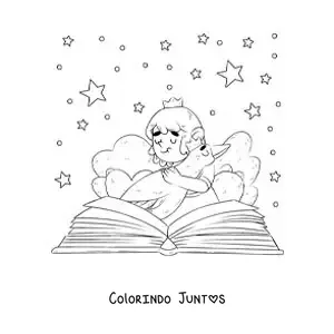 Desenho para colorir de uma princesa abracando um ganso que sai de um livro aberto