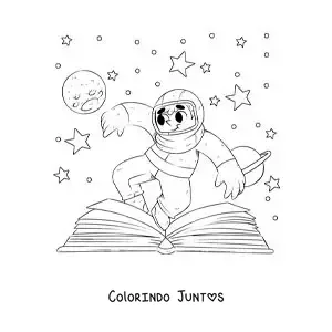 Desenho para colorir de um astronauta no espaco que sai de um livro aberto