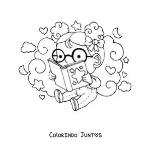 Desenho para colorir de uma menina de oculos sentada lendo