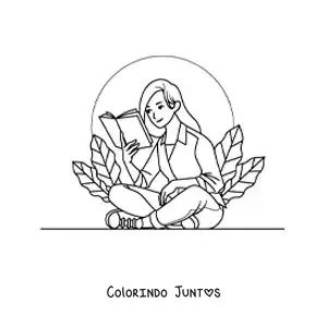 Desenho para colorir de uma menina sentada lendo rodeada de plantas
