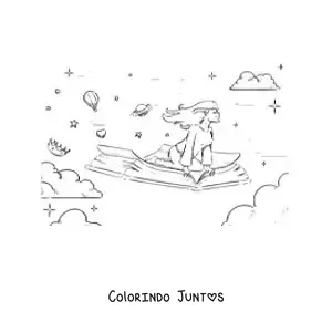Desenho para colorir de uma menina voando sentada sobre um livro aberto