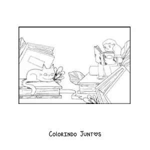 Desenho para colorir de uma menina sentada sobre livros lendo ao lado do seu gato animado