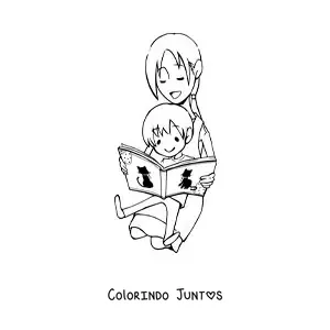 Desenho para colorir de uma mae lendo com o filho sentado no colo