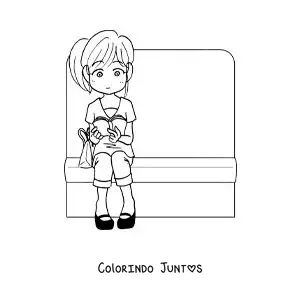Desenho para colorir de uma menina sentada lendo no trem