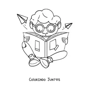 Desenho para colorir de um menino de oculos sentado lendo maravilhado