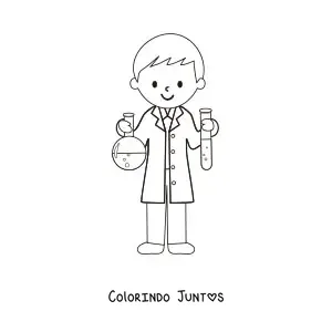 Desenho para colorir de um cientista animado com um tubo de ensaio e um frasco