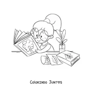 Desenho para colorir de uma menina lendo sobre botanica em uma escrivaninha