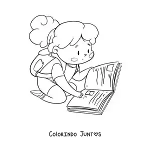 Desenho para colorir de uma menina com uma mochila lendo sentada no chao