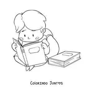Desenho para colorir de um menino com uma mochila lendo sentado no chao