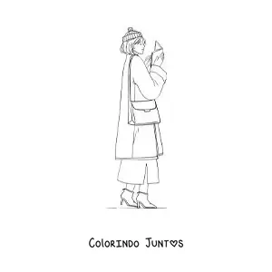 Desenho para colorir de uma mulher de casaco lendo enquanto caminha