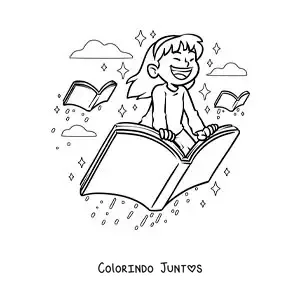 Desenho para colorir de uma menina feliz voando sobre um livro aberto
