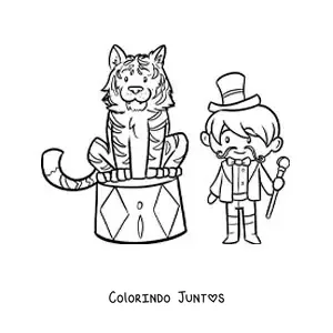 Desenho para colorir de um domador de circo ao lado de um tigre animado