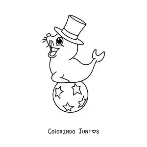 Desenho para colorir de uma foca de circo animada sobre uma bola