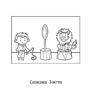 Desenho para colorir de um domador de circo e um leao animado