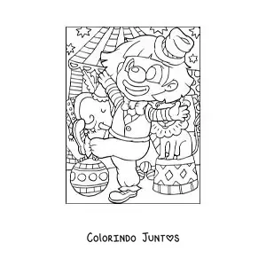Desenho para colorir de um palhaco ao lado de animais de circo