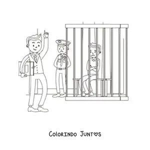 Desenho para colorir de um advogado defendendo um cliente na prisão