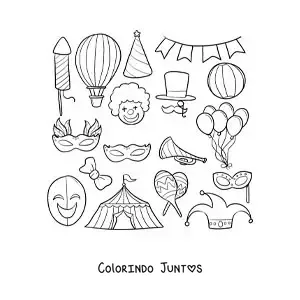 Desenho para colorir de mascaras, chapeus e elementos de circo