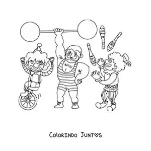 Desenho para colorir de um palhaco, um homem forte e um malabarista de circo