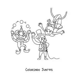 Desenho para colorir de um palhaco malabarista, um magico e uma acrobata de circo