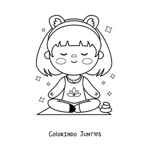 Desenho para colorir de uma menina kawaii animada meditando