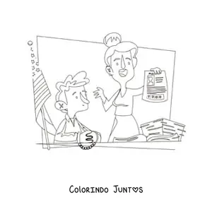 Desenho para colorir de uma mulher advogada animada defendendo um cliente