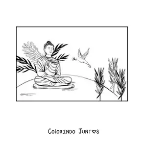Desenho para colorir de Buda sentado meditando ao lado de uma pomba