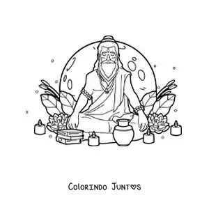 Desenho para colorir de um guru hindu sentado meditando com velas