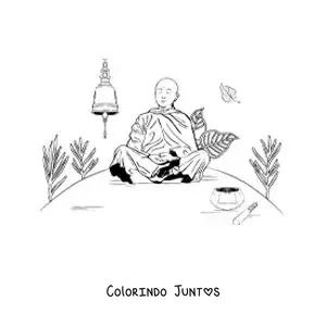 Desenho para colorir de um monge budista sentado meditando ao lado de um sino