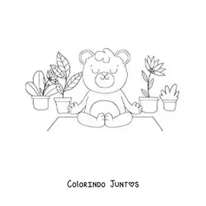 Desenho para colorir de um urso animado meditando rodeado de plantas