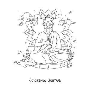 Desenho para colorir de um guru meditando com uma mandala ao fundo