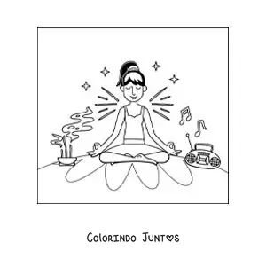 Desenho para colorir de uma menina meditando em casa com musica