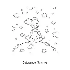 Desenho para colorir de uma menina meditando na Lua