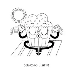 Desenho para colorir de um cupcake animado meditando