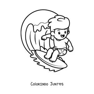 Desenho para colorir de um menino animado surfando uma onda