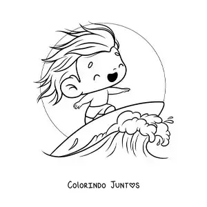 Desenho para colorir de um menino kawaii surfando uma onda