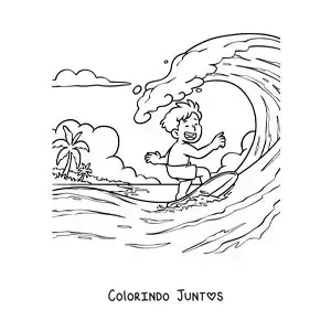 Desenho para colorir de um menino surfando na praia